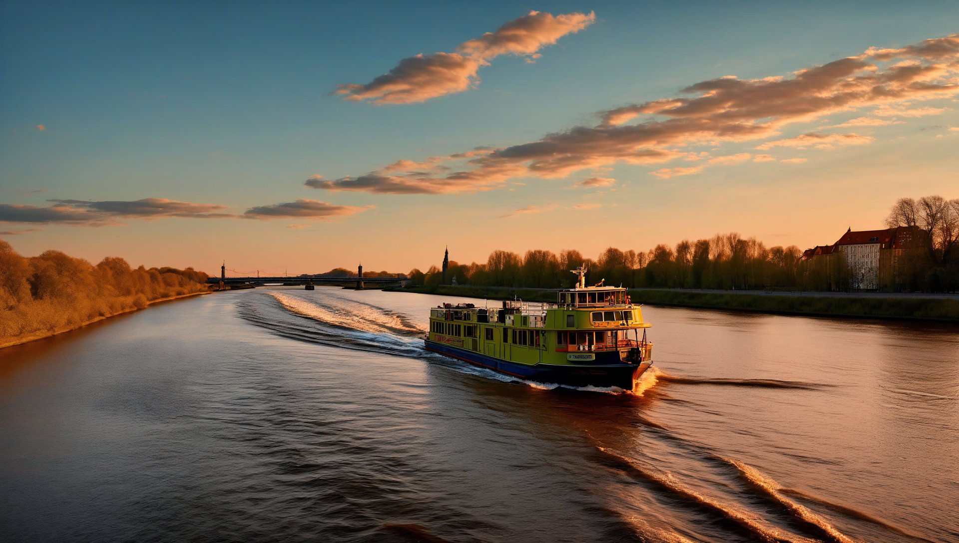 Scenic magical cruise boat sailing during golden sunset